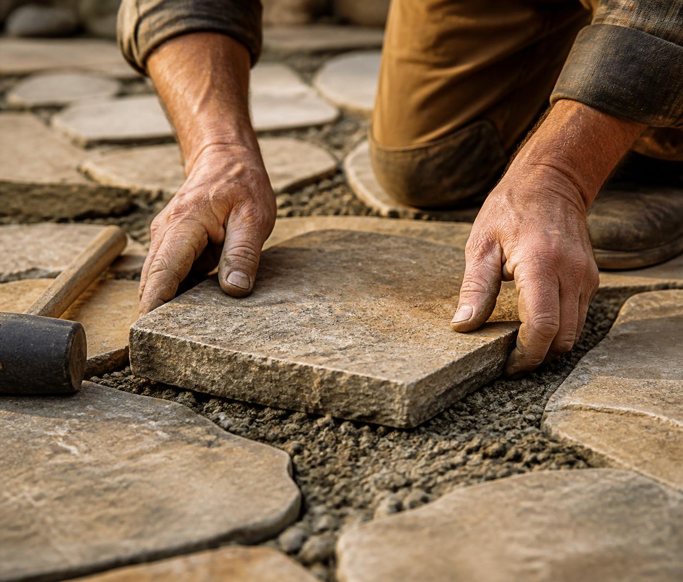 A mason's hands setting natural stone by hand with a rubber mallet