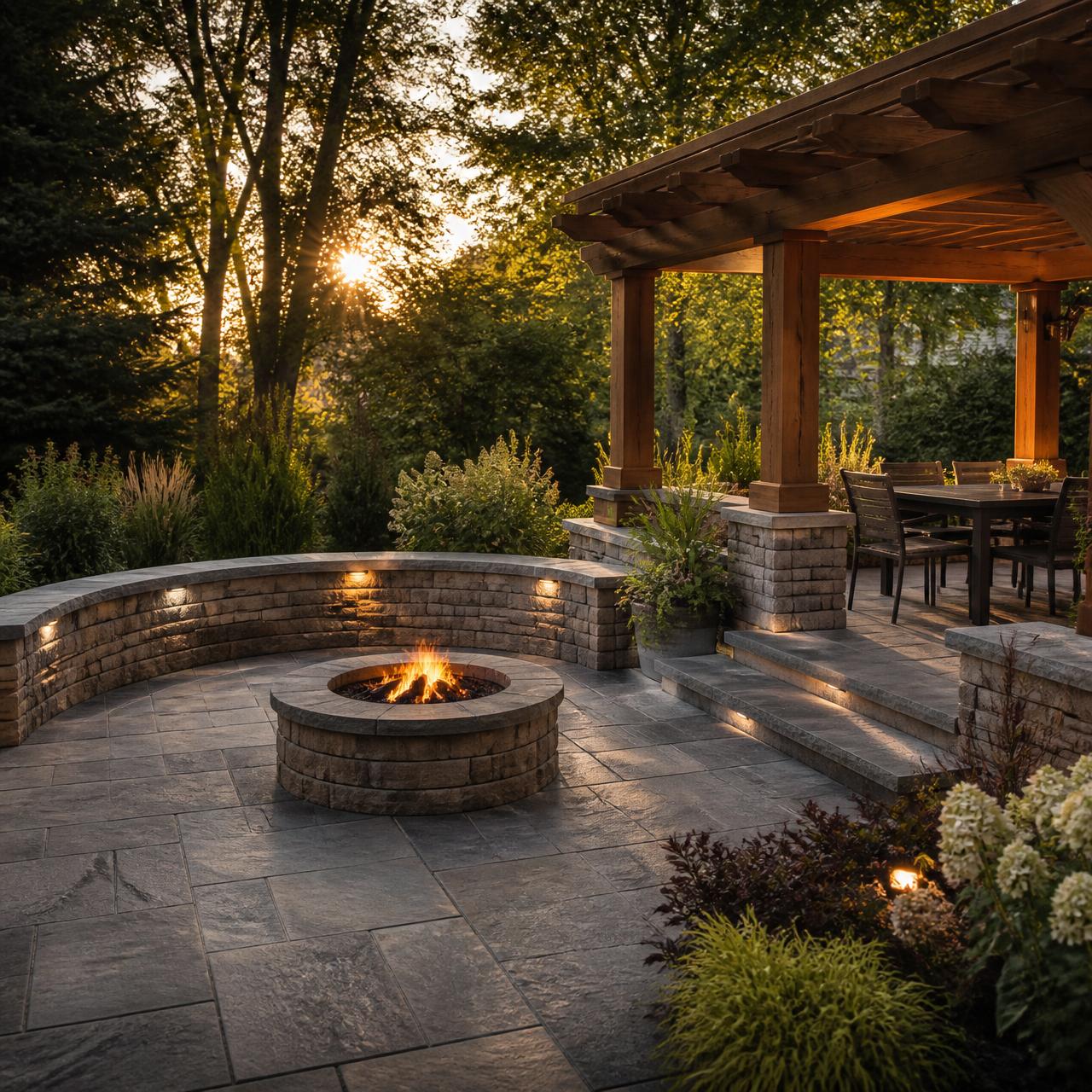 The same backyard design brought to life as a finished stone patio at golden hour