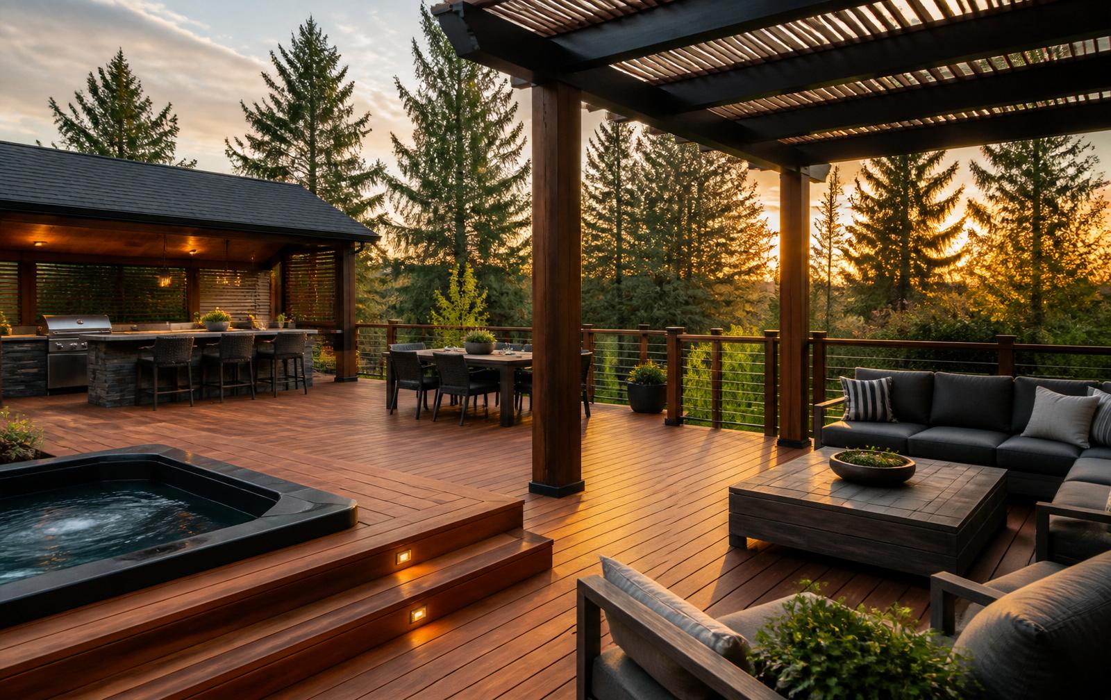 Custom cedar deck with a modern pergola and covered pavilion at sunset