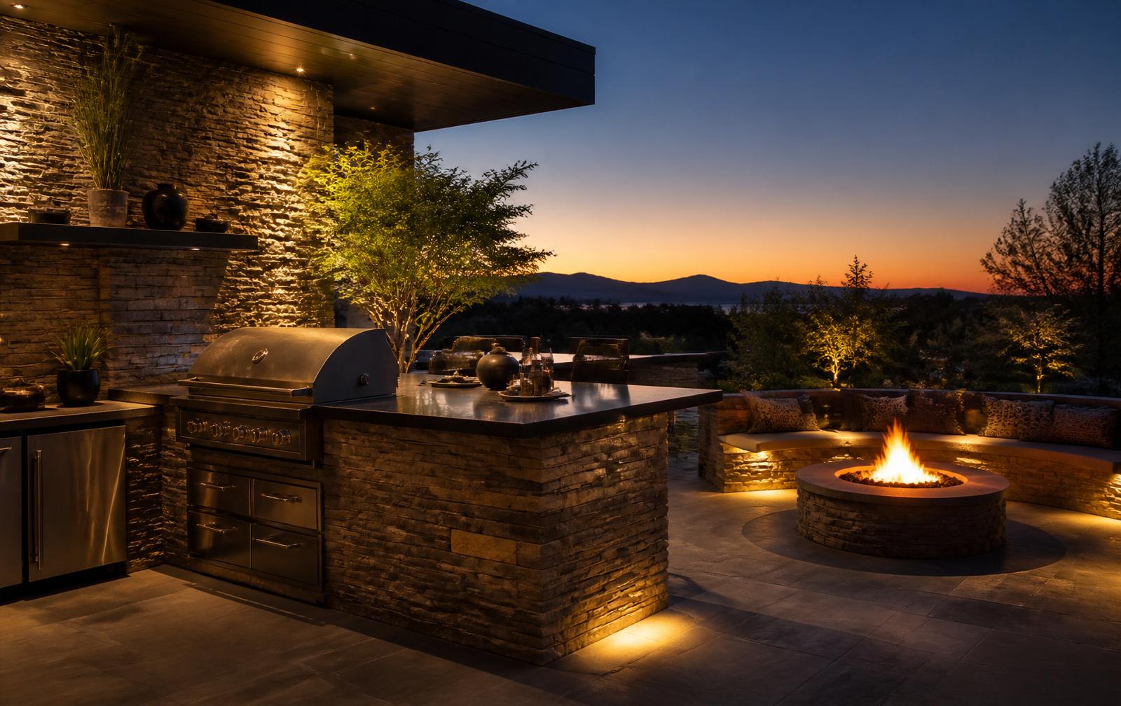 Outdoor kitchen with grill island and a glowing gas fire pit with seating wall at dusk