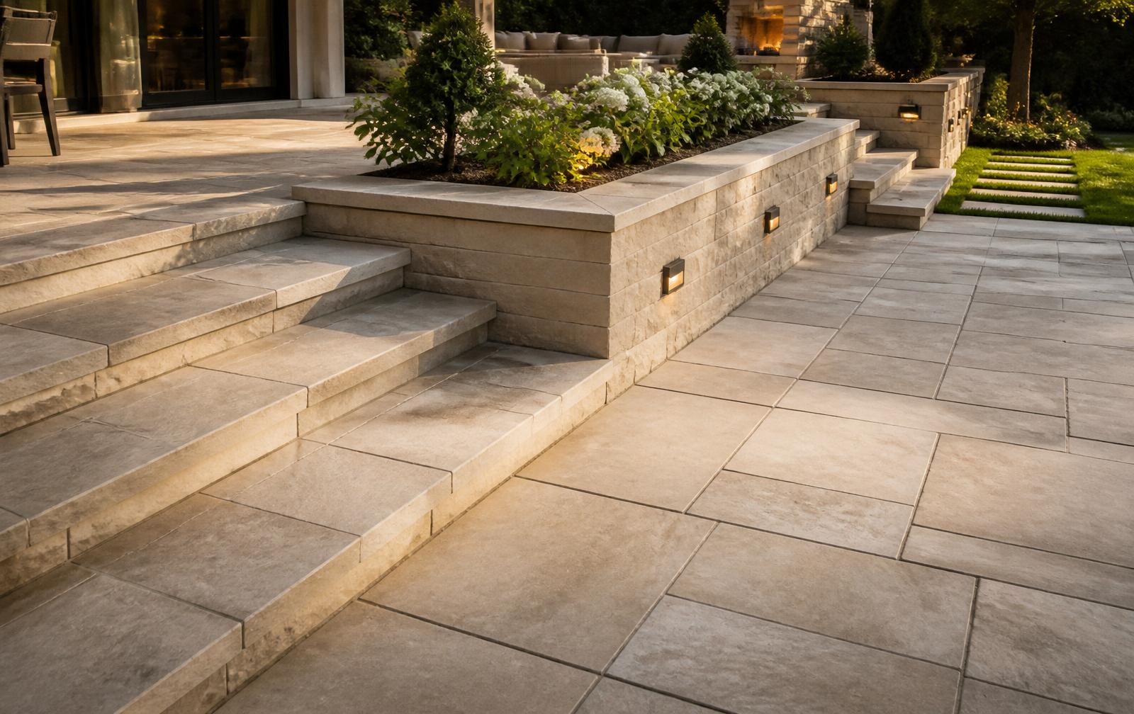 Natural stone paver patio with a low retaining wall and wide steps at golden hour