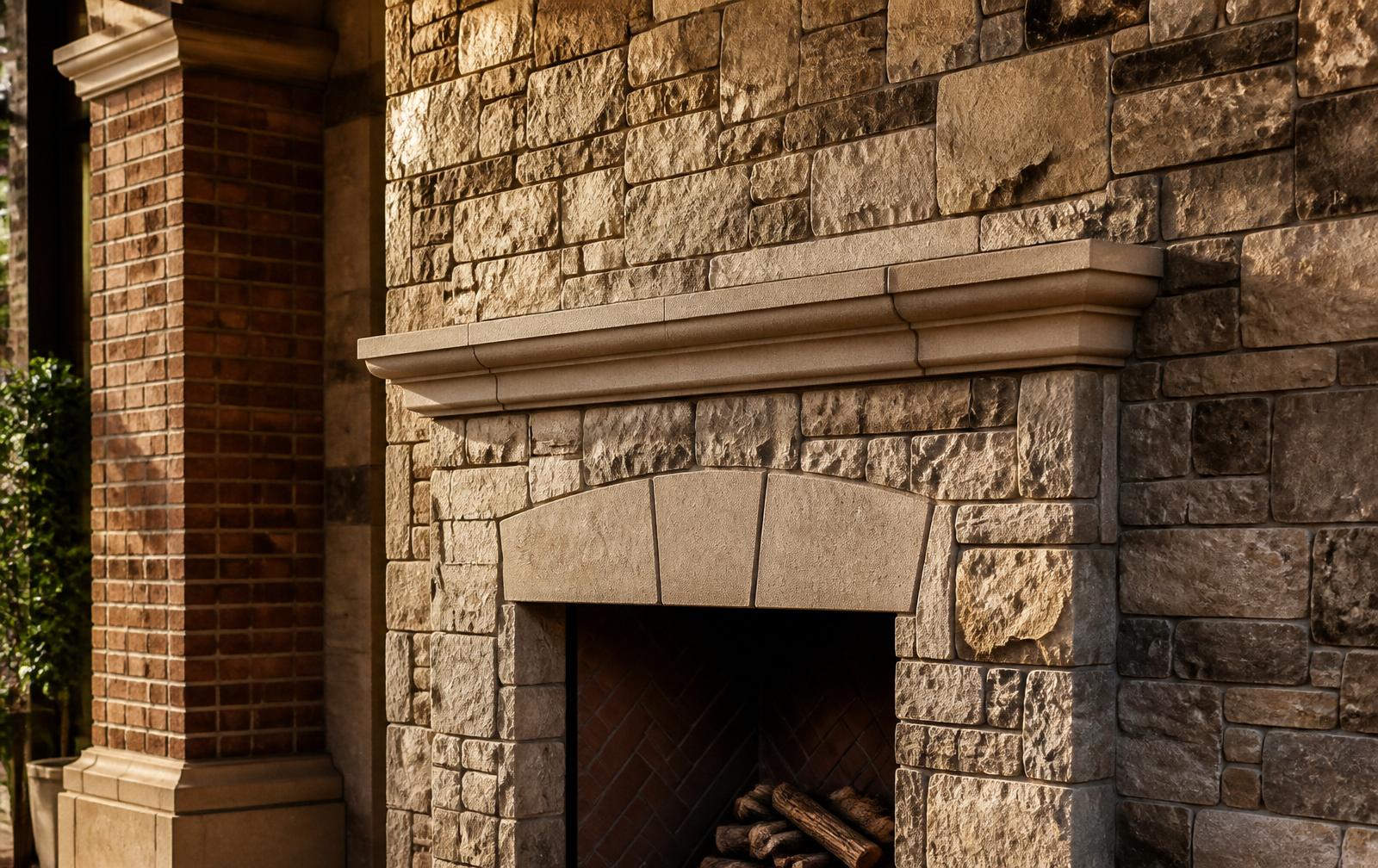 Detailed stone veneer facade with a brick column and stone fireplace surround