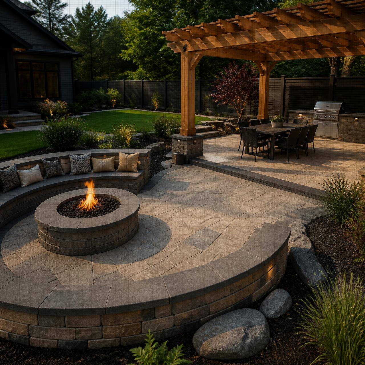 Photorealistic 3D design render of a backyard hardscape with pergola and fire pit